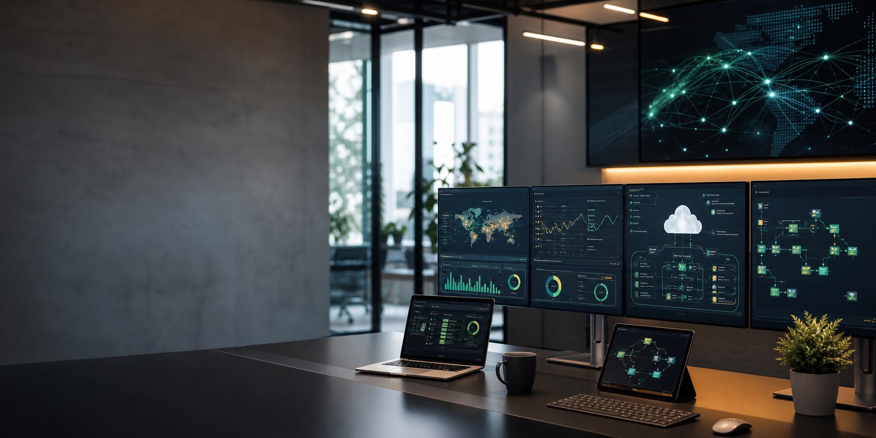 Modern technology operations center with dashboards and cloud workflow screens